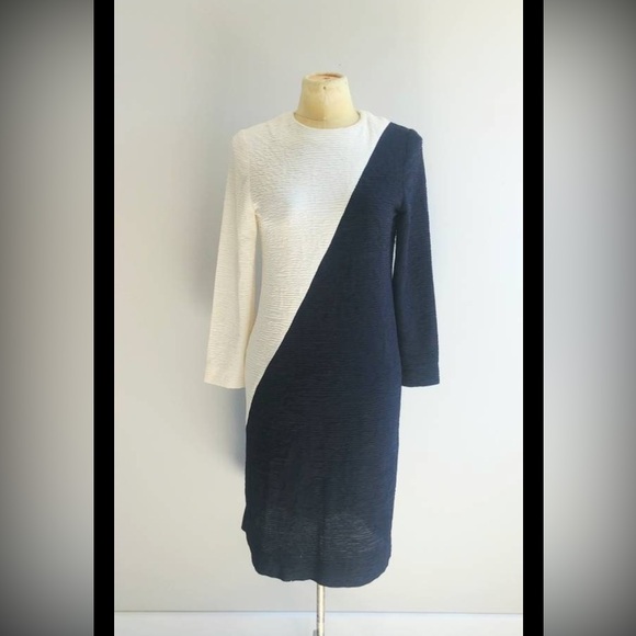Vintage 1980s Black and White Colorblock Dress Midi Scrunchy Textured Ribbed - Picture 2 of 8